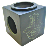 Black Paleva Soap Stone Tealight OIL BURNER with Hand Carved Hamsa Symbols