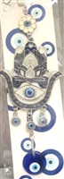 ''Evil Eye - White Hamsa with Blue outline and Evil Eye ornament and Bells /CHARM 10''''''