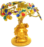 GOLD colored Evil Eye Bonsai tree with Buddha and Multicolor Flowers