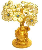 GOLD colored Evil Eye Bonsai tree with Buddha and White Flowers