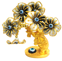 Gold colored Evil Eye Bonsai tree with Elephants and Blue FLOWERS Model  D-608