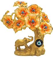 Gold Colored Evil Eye Bonsai tree with Elephant and Orange FLOWERS Model DV-28