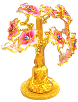 Gold colored Evil Eye Bonsai tree with Kwan Yin and Pink FLOWERS