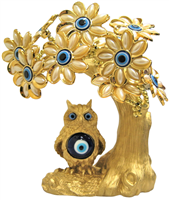 Gold colored Evil Eye Bonsai tree with Owl and White FLOWERS Model  M-13