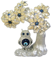 Silver colored Evil Eye Bonsai tree with Owl and White FLOWERS Model  M-09