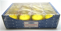 Satya Nag Champa Scented Candle 12 Pack Shot GLASS in Printed Tray