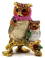 Double Owl on Branch Bejeweled TRINKET Box