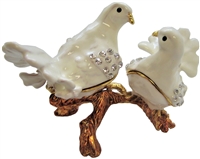 2 White Doves on branch - Bejeweled TRINKET Box