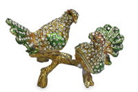 2 Multicolored Doves on Gold branch - Bejeweled TRINKET Box- TRNK-4980-02